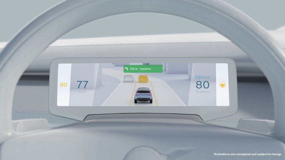 Eine Konzeptzeichnung der digitalen Instrumententafel künftiger Volvo-Autos.