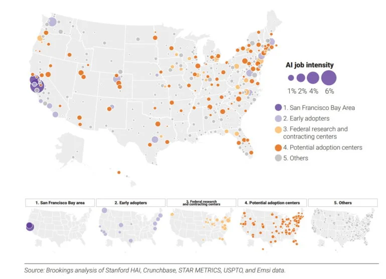 Landkarte der USA mit markierten KI-Metropolen