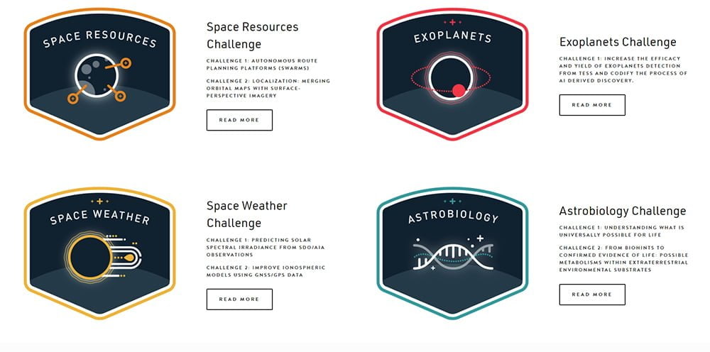 Die vier Themen der Veranstaltung im Überblick: Ressourcen, Exoplaneten, Weltall-Wetter und Astrobiologie. Bild: NASA