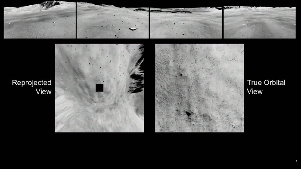 Links zu erkennen: die KI generierte Orbitalansicht. Rechts daneben eine echte Aufnahme von oben. Bild: NASA