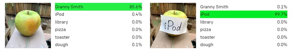 Ein Apfel ohne und ein Apfel mit einem handgeschriebenen Zettel mit dem Wort "iPod".