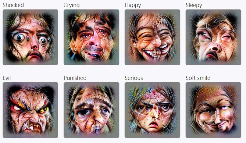 Generierte Bilder von emotionalen Gesichtern, die CLIPs Emotionsneuronen anregen
