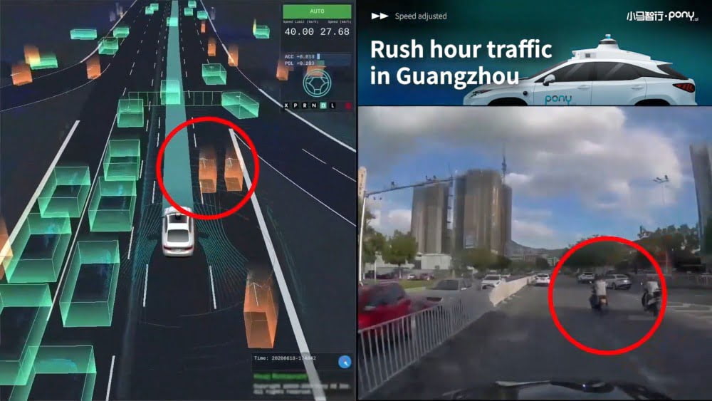 Eine Fahrt eines autonomen Fahrsystems von Pony.ai im Vergleich: Links die Visualisierung des Systems, rechts die realen Kamerabilder der Fahrt. 