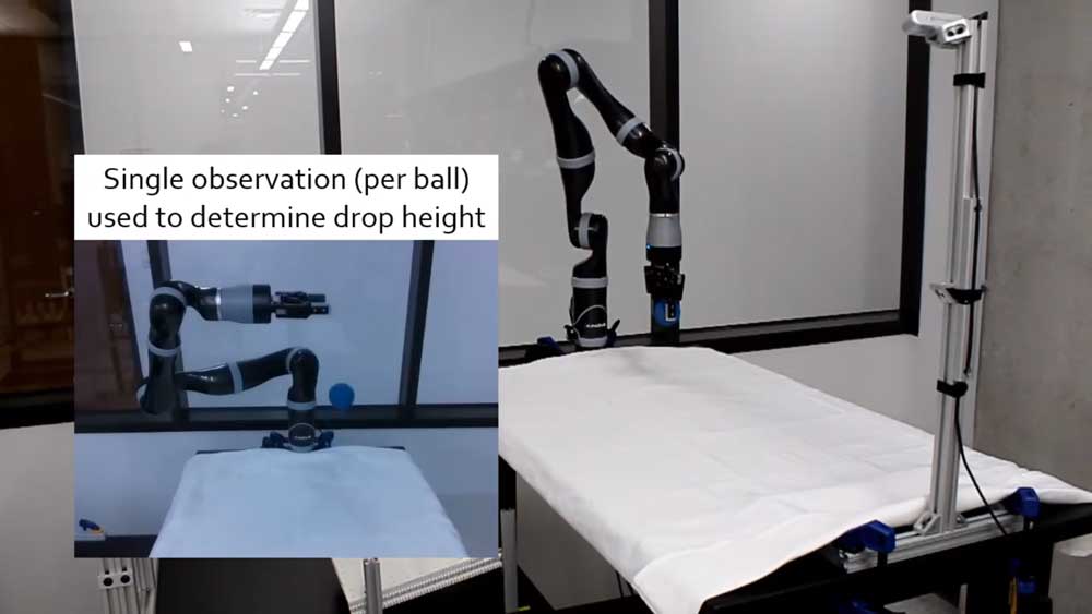 TuneNet lernt anhand eines Videos das physikalische Verhalten eines echten Balls und optimiert dazu passend die Physik-Vorhersagen eines Roboterarms, der nur in einer Simulation trainiert wurde. Bild: Allevato et al.