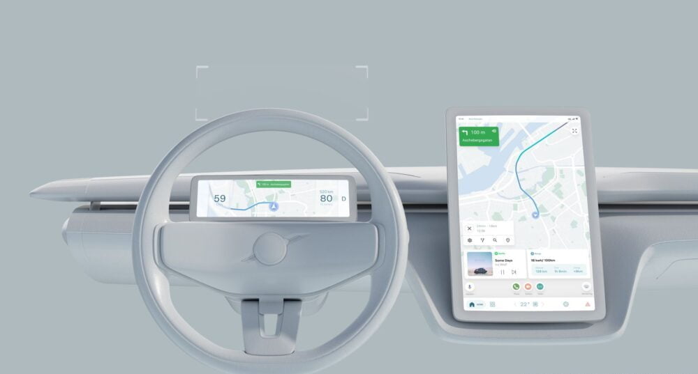 Eine Konzeptzeichnung der Anordnung von digitalen Anzeigen und Touchdisplays in Volvo-Fahrzeugen.