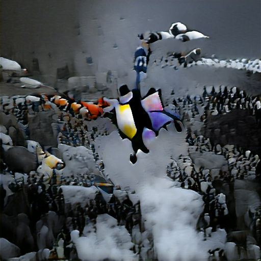 Verwendete Beschreibung: "a flying penguin over his friends"