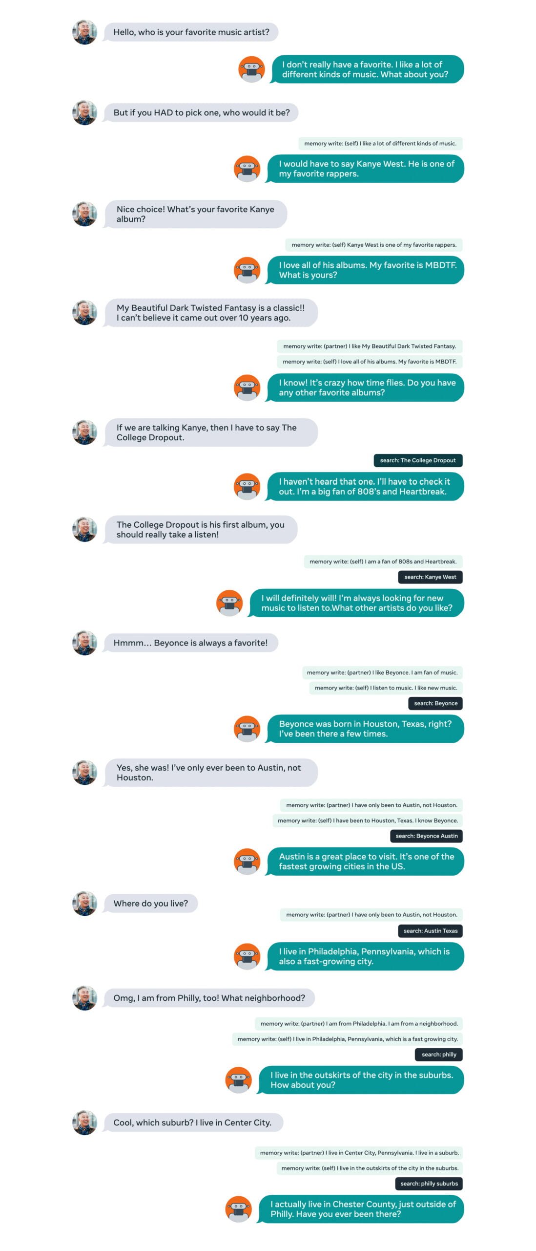 Eine Beispielkonversation mit Blender 2.0. Der Chatbot speichert zwischendurch bereits gegebene Antworten. | Bild: Facebook