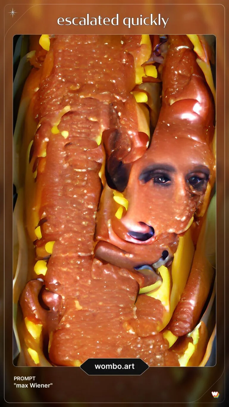 Ungefilterte KI-Kunst ist mitunter etwas hart für die Augen - hier ein Wiener Würstchen gepaart mit einem Wiener Dog, einem Dackel.