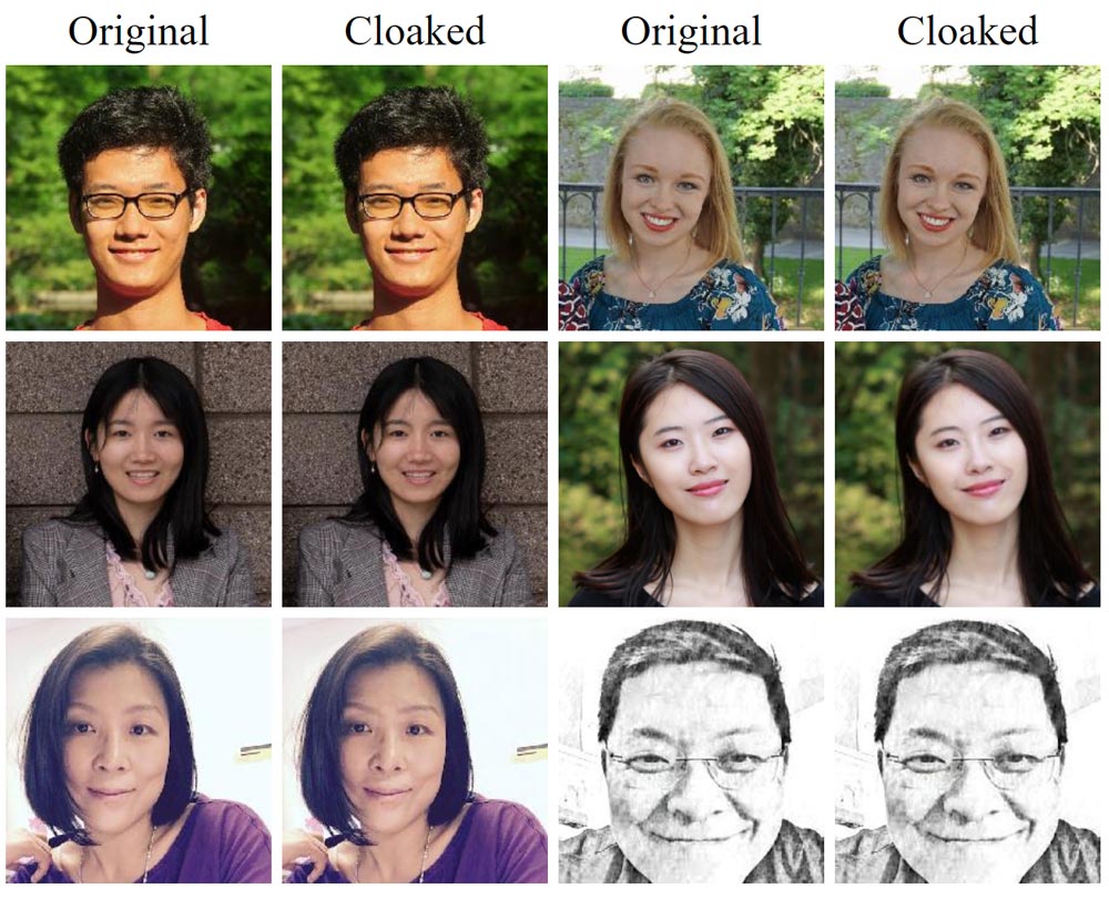 Die algorithmischen Veränderungen an den Gesichtsaufnahmen sollen so geringfügig sein, dass sie Menschen nicht auffallen, wohl aber die KI-Bildanalyse irritieren. | Bild: Universität Chicago