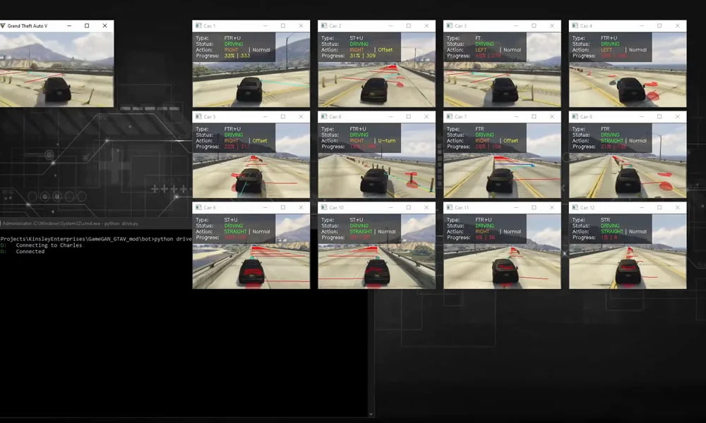 Die Entwickler ließen zahlreiche Bots die GTA 5-Spielwelt abfahren. So sammelten sie die Daten für das KI-Training mit Game GAN.
