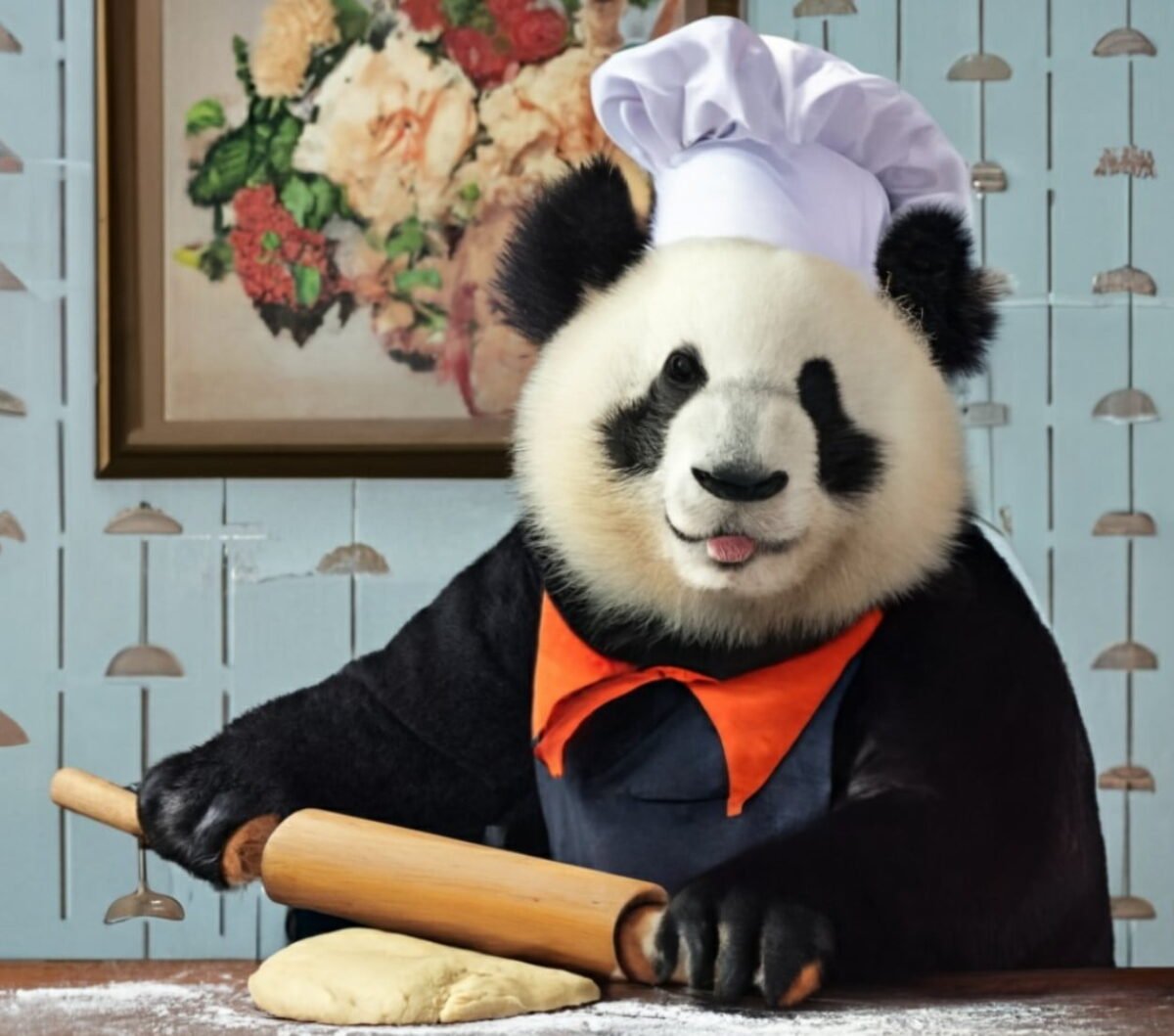 Ein von einer KI gezeichneter Panda wälzt mit einem Nudelholz Teig. Er trägt einen Kochhut.
