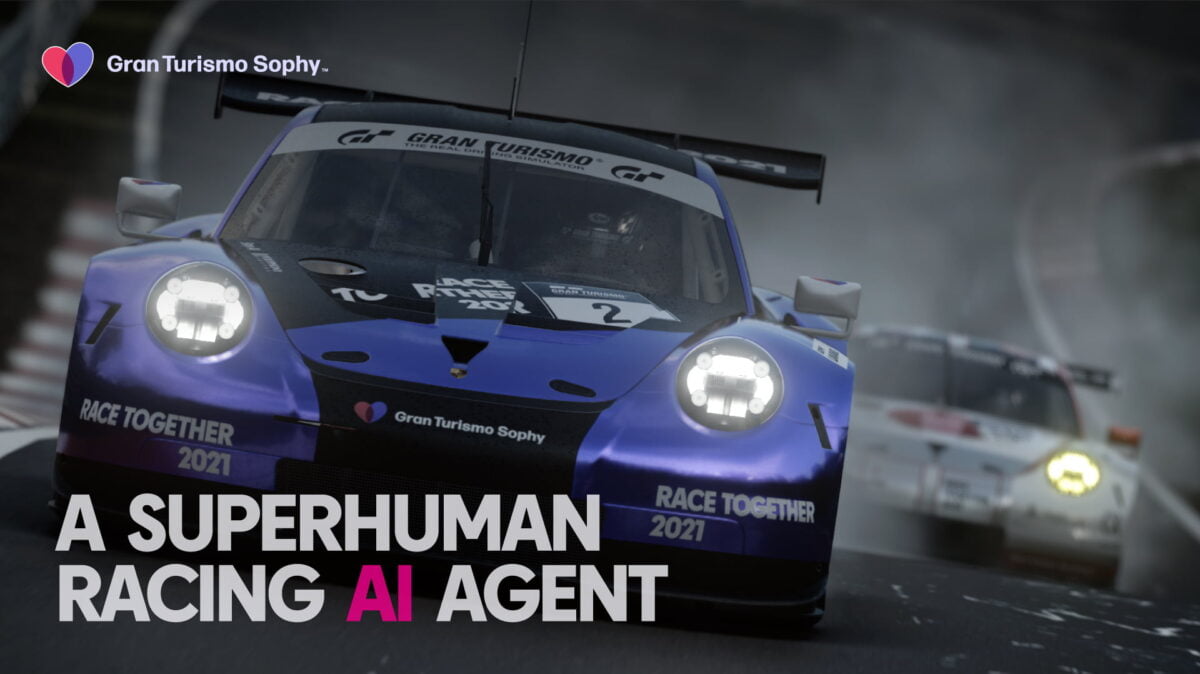 Ein digitales Rennauto auf einer Rennstrecke, man sieht es von vorne. Auf dem Bild steht "A Superhuman Racing AI Agent"