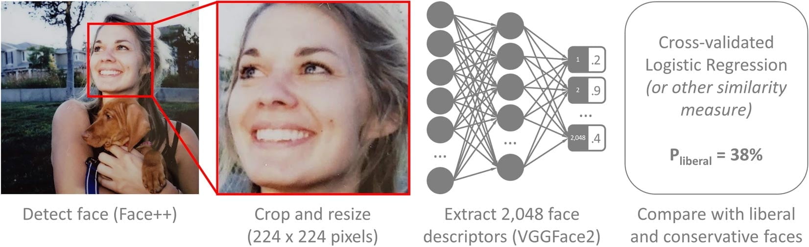 Bevor die Bilder in das neuronale Netz gegeben wurden, zoomte eine Software auf das Gesicht ein, um Umgebungsparameter so gut es geht zu reduzieren. | Bild: Michael Kosinski