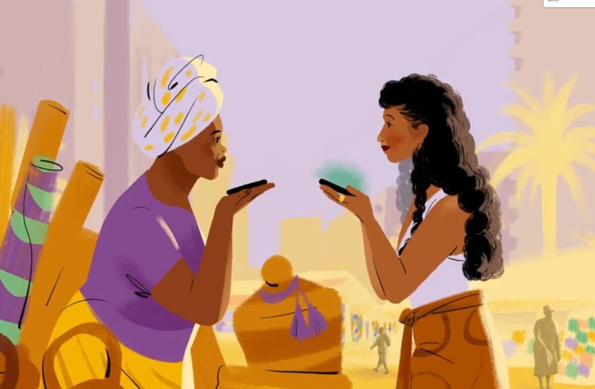 Zwei Frauen unterschiedlicher Kulturen unterhalten sich, indem sie in ein Smartphone sprechen, das in Echtzeit übersetzt.
