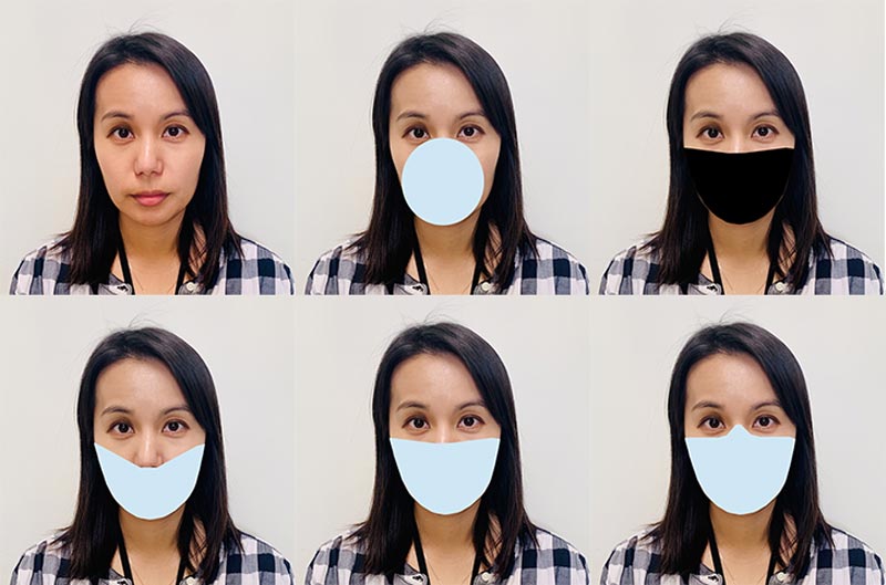 Mit solchen bearbeiteten Bildern testete das NIST die Fehlerraten von Gesichtserkennungssystemen bei Menschen mit verschiedenen Mund-Nase-Masken. | Bild: B. Hayes / NIST