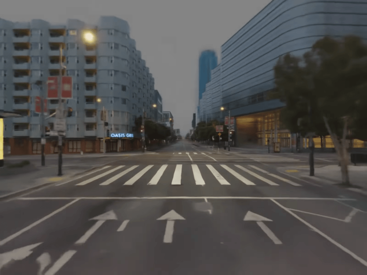 Ein von einer KI berechnetes 3D-Abbild eines realen Straßenzuges. Es sieht realistisch aus, auch wenn Details fehlen.