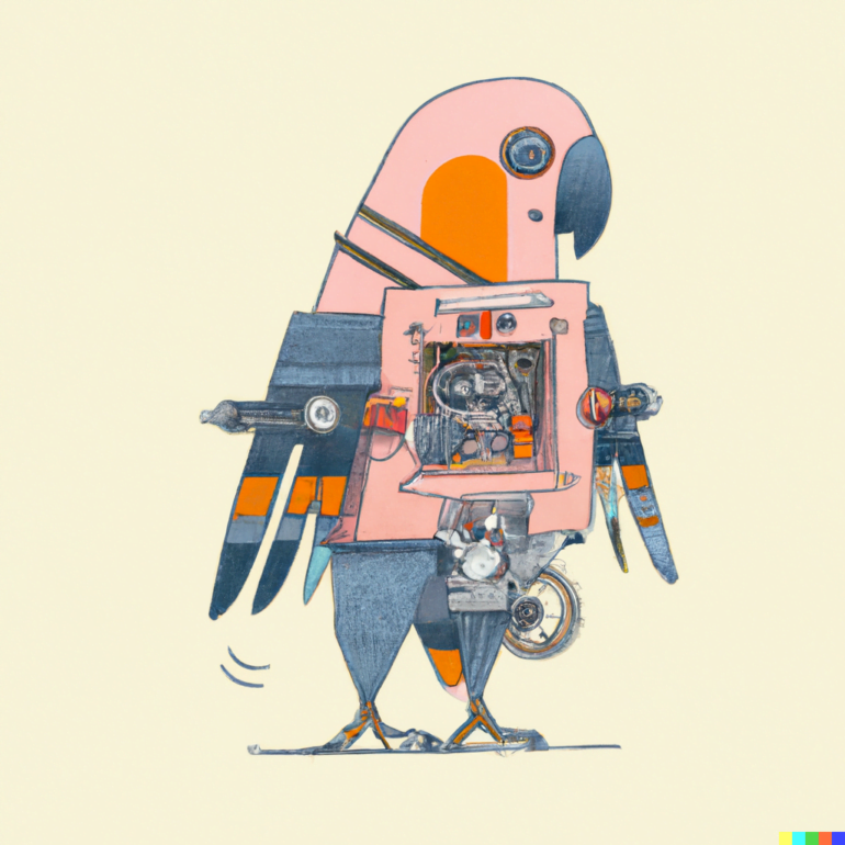 Ein Comic-Bild eines Papageis, der einen Motor im Bauchraum trägt.