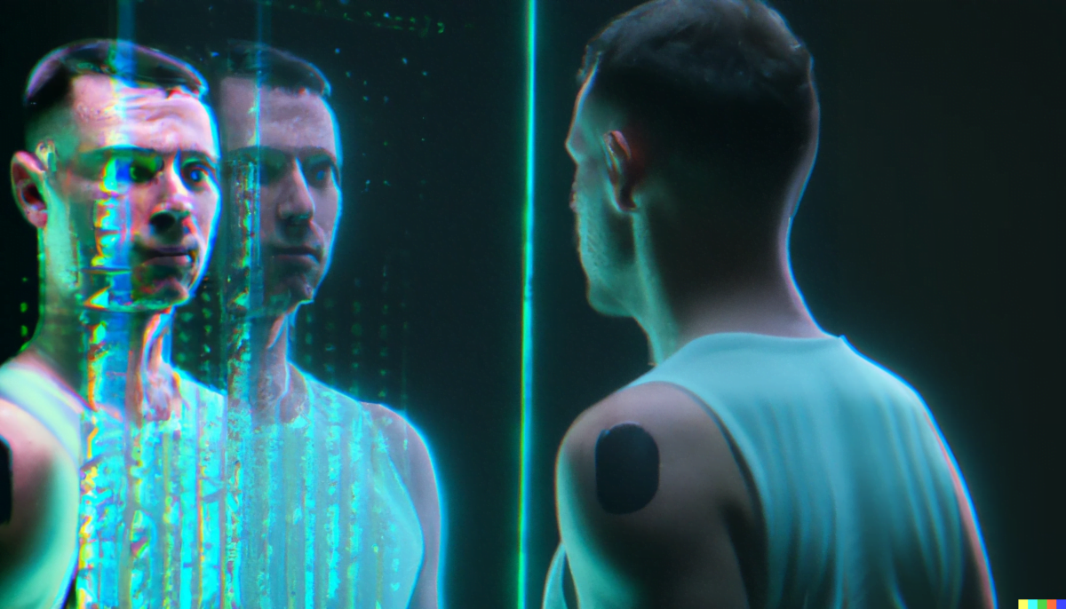 A person looks at a digital clone of himself, Futuresynth