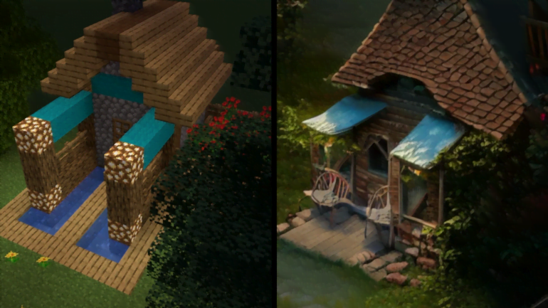 Links ist ein Minecraft-Haus, rechts ein Foto dieses Hauses, generiert mit Stable Diffusion