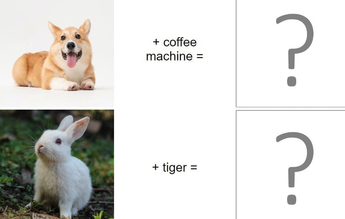 Aus einem Corgi und einer Kaffeemaschine wird eine Kaffeemaschine in Corgi-Farben und -Form. Ein Kaninchen kombiniert mit einem Kaninchen wird zu einem Tiger-Kaninchen.