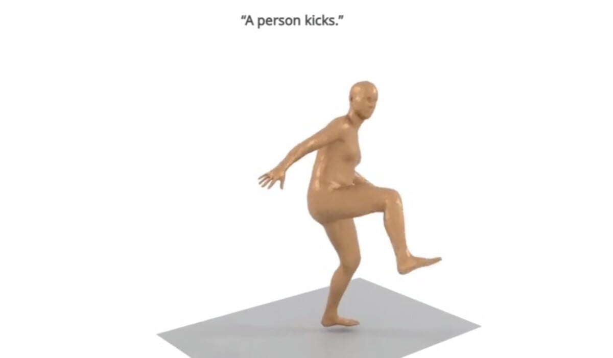 Eine computeranimierte Figur führt einen Tritt aus anhand der Textbeschreibung "A person kicks".