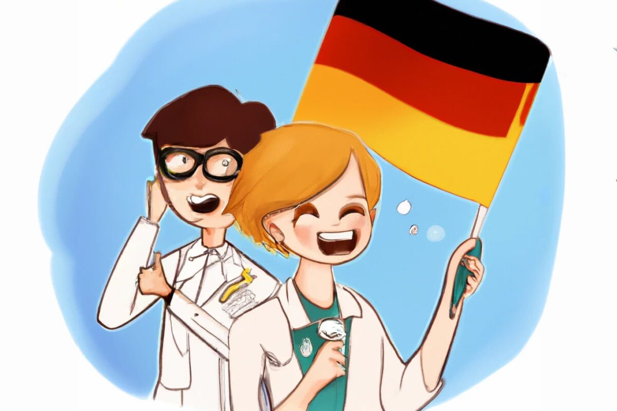 Ein KI-Forscher und eine KI-Forscherin als Comic im weißen Kittel, die Forscherin schwenkt eine Deutschland-Flagge.