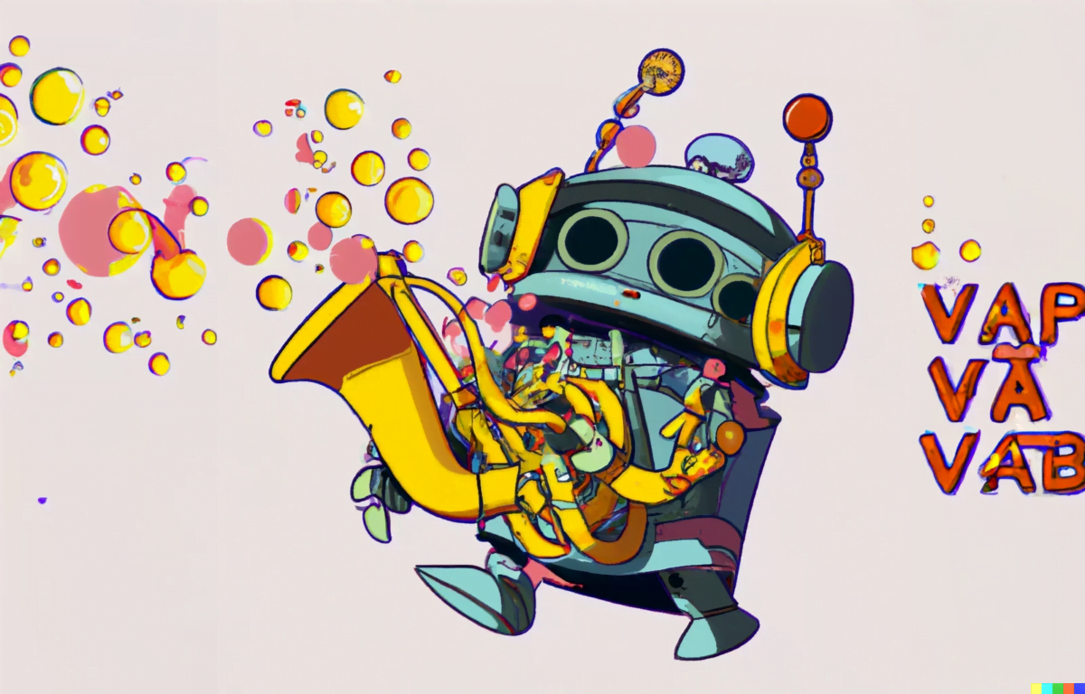 Ein fröhlich aussehender Roboter spielt eine Tuba, aus der Seifenblasen emporsteigen.