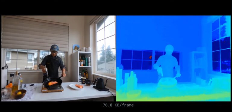 Ein Bild in zwei Szenen aufgeteilt, links und rechts. Links ist ein Koch an einer Kochplatte bei seiner Arbeit. Rechts sieht man dieselbe Szenen in verschiedenen Blautönen, die die Bildanalyse des Nerfs repräsentieren.