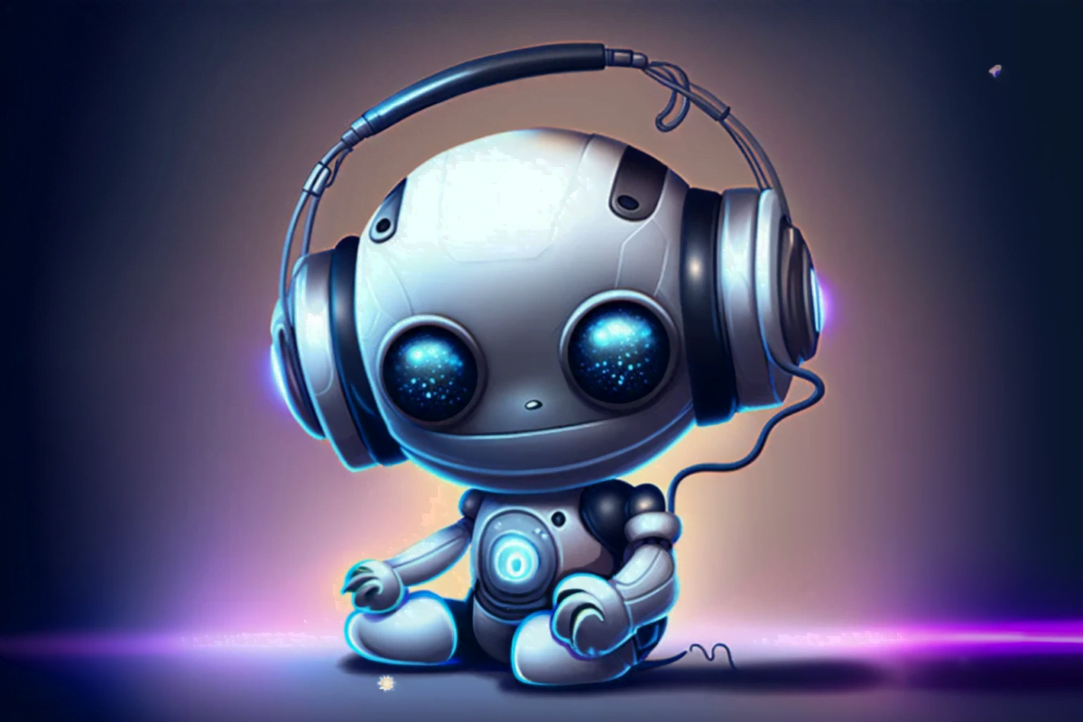 Ein kleiner Roboter hört Musik über Kopfhörer