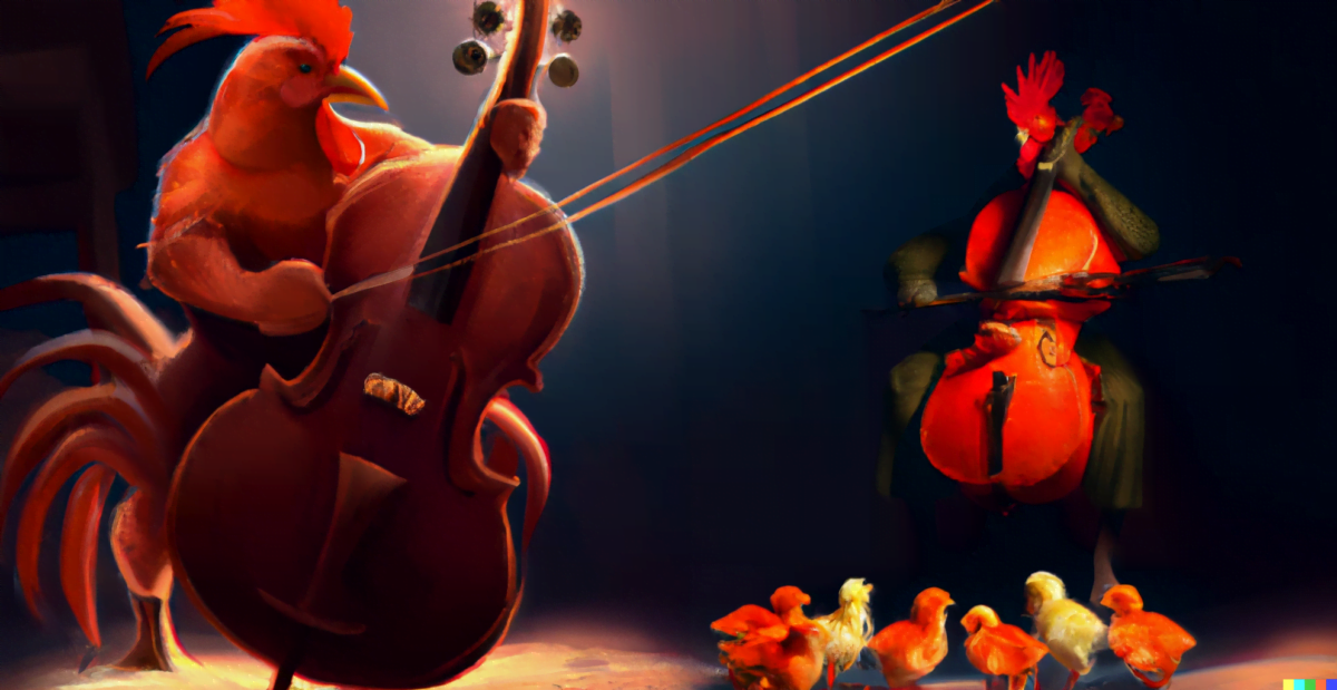 Ein Hahn spielt auf einem Cello und wird dabei von Küken beobachtet, digitale Kunst