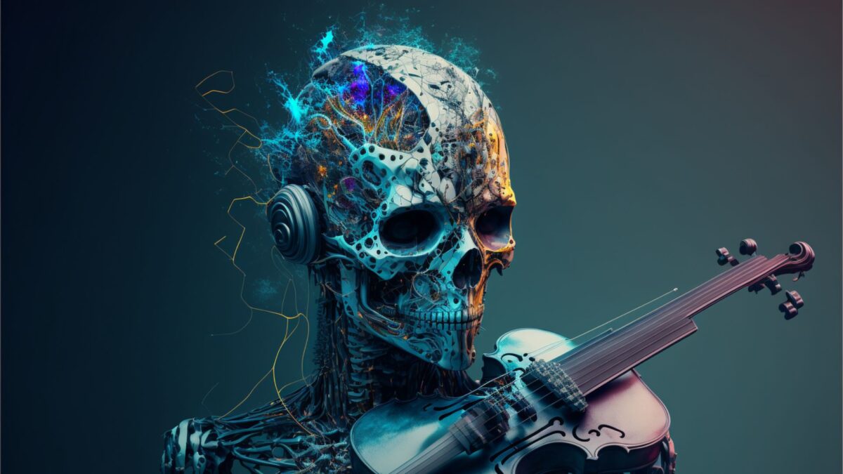 Ein Roboter-Totenschädel mit einem neuronalen Netz, das man halb im Gehirn sieht, und einer Geige auf der Schulter.