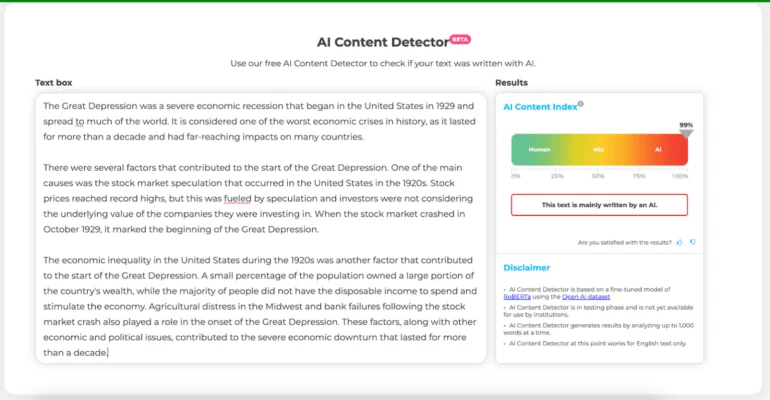 Das Interface des AI Content Detectors. Die Leiste rechts oben zeigt an, ob ein Text eher von einer Maschine oder von einem Menschen erstellt wurde.