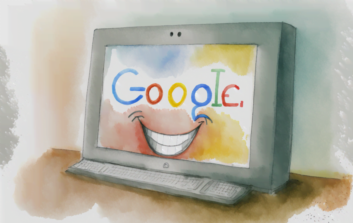 Ein Google-Suchscreen auf einem Monitor, der wie ein fröhlicher Mund lächelt, in Wasser- und Pastelltönen gezeichnet
