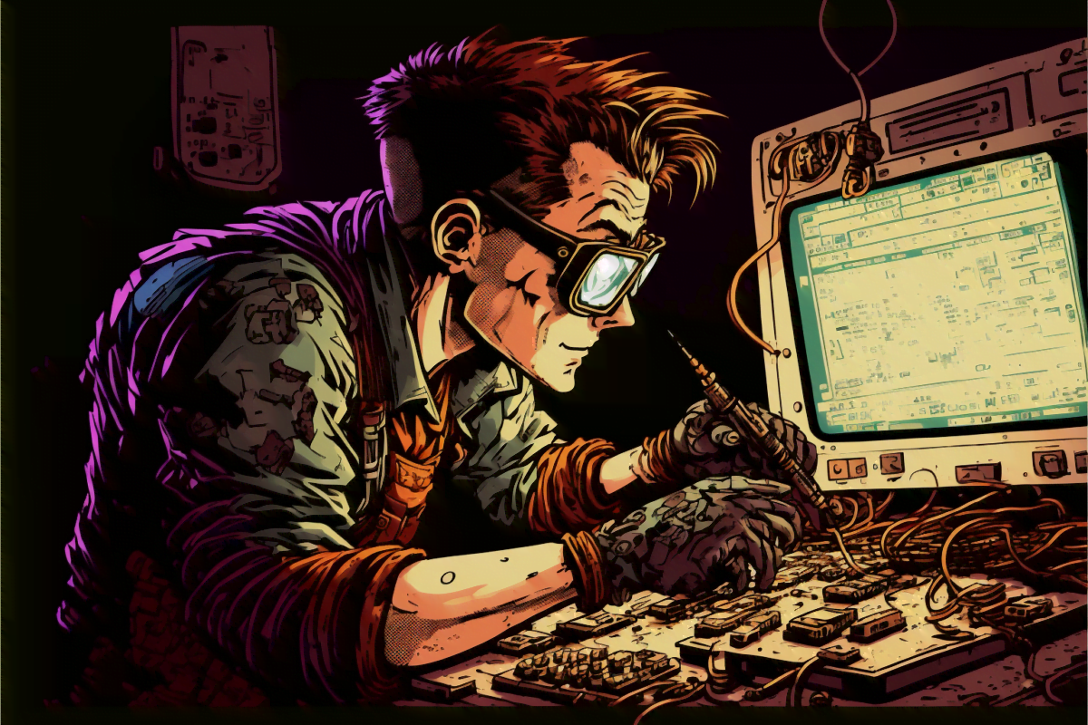 Ein Ingenieur mit einem Lötkolben in der Hand arbeitet an einem Computermonitor, Comic, digitale Kunst, Zeichnung