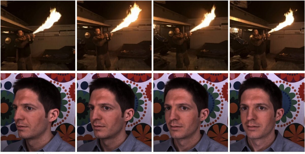 Frame-für-Frame-Szenen aus Vides in zwei Reihen. Die obere Reihe zeigt einen Mann mit Flammenwerfer, die untere einen Männerkopf, der sich langsam Richtung Kamera dreht. Die Bilderreihe soll zeigen, wie man ein Video dank Hyer Reel aus verschiedenen Perspektiven betrachten kann.