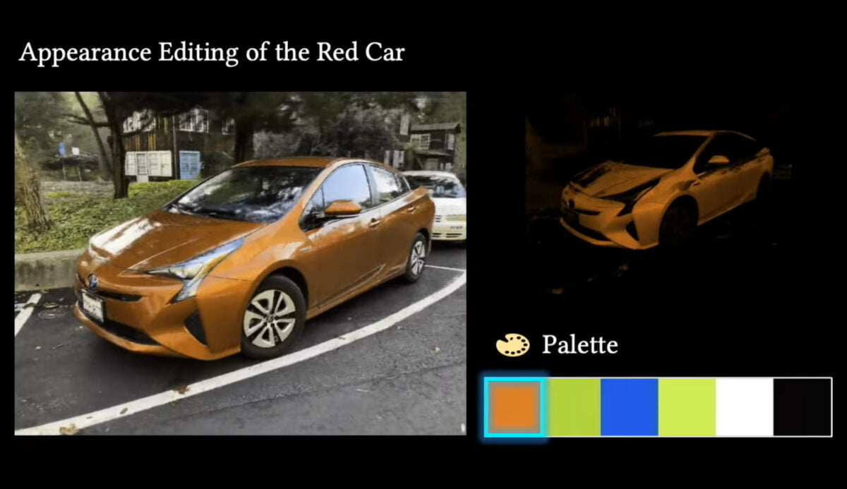 Eine Nerf-Szene mit einem Auto, ein Interfache rechts von der Szene erlaubt den Farbwechsel des Autos.