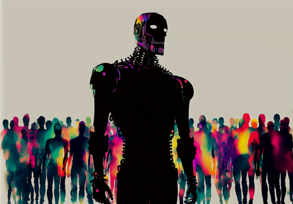 Ein Roboter steht vor einer Menschengruppe, Zeichenstil, aus Midjourney.