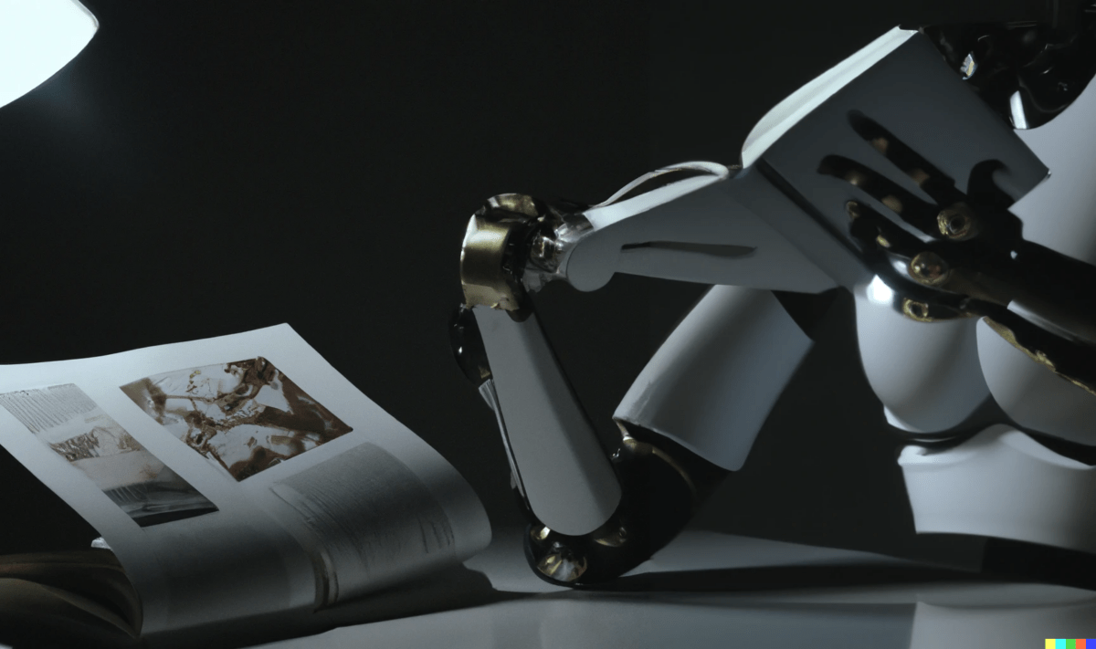 Ein Roboter mit einem Buch in der Hand