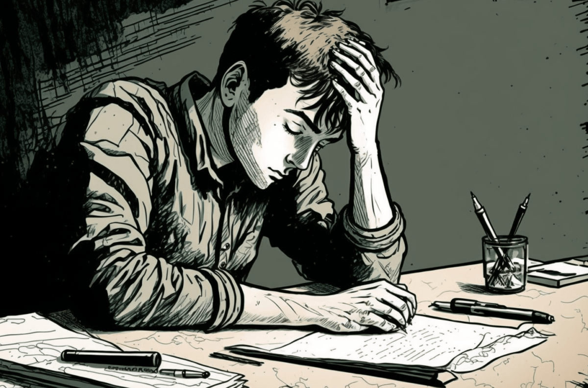 Ein gelangweilter Schüler sitzt vor einem leeren Blatt Papier, er stützt seinen Kopf in seine Hand. KI-Bild generiert mit Midjourney.