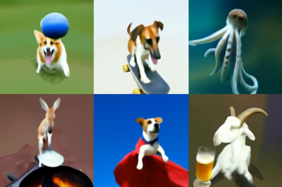 Beispielszene aus den 3D-Videos, unter anderem sieht man eine Ziege Bier trinken und einen Corgi mit einem blauen Ball spielen. Die Videos sind sehr unscharf und haben wenige Details, sehen aus, wie in einem älteren Videospiel. Aber man kann die einzelnen Objekte und Tiere eindeutig erkennen.