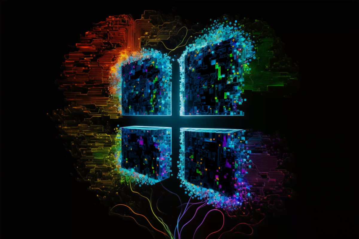 Neuinterpretation des Microsoft Logos durcheine KI, vier neonfarbene blaue Kacheln, die digitale Funken sprühen.