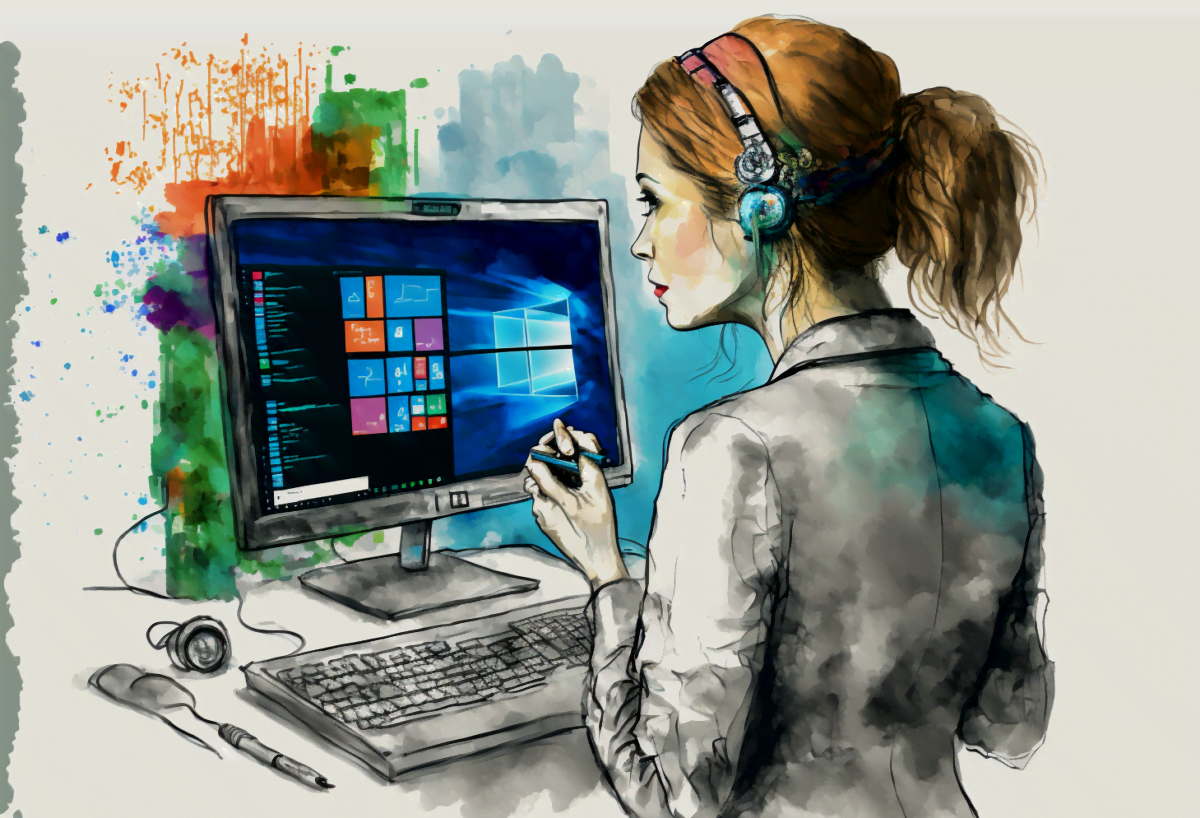 Eine Zeichnung einer Ärztin vor einem Computer mit Windows-Betriebssystem.