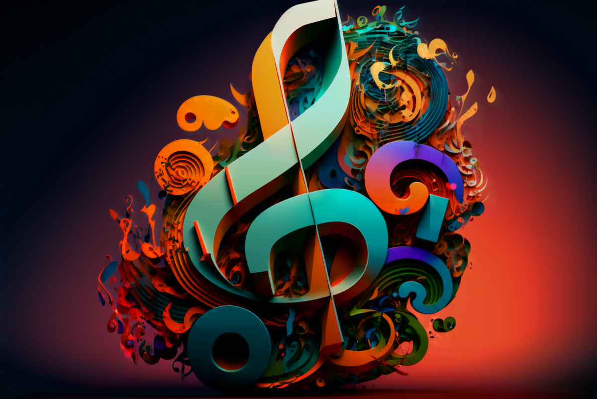 Ein Notenschlüssel umgeben von Noten und Buchstaben, abstrakte 2D Visualisierung