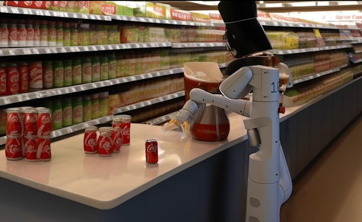Ein Roboter steht in einem Supermarkt und sortiert auf einem Tisch Einkaufsgegenstände.