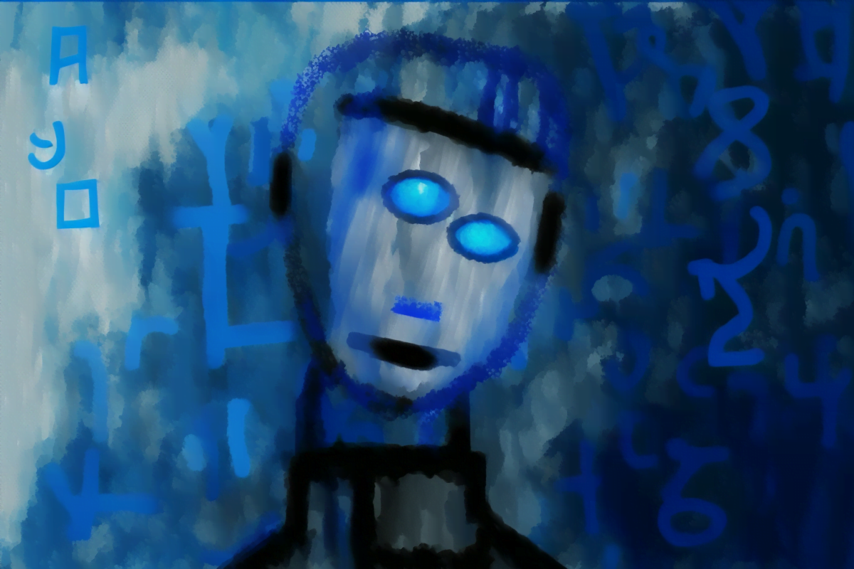 Eine Roboter-ähnliche Figur leuchtet in blau durch Buchstaben hundurch.