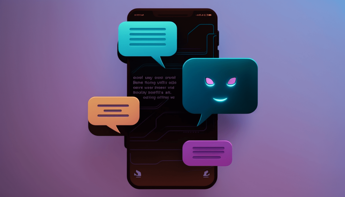 Ein Chat-Interface auf einem Smartphone, dargestellt durch Sprechblasen, eine Sprechblase hat ein böses Gesicht.