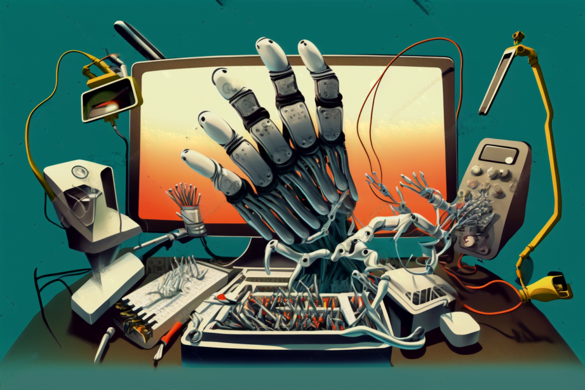 Robot hands holding various tools popping out of a computer monitor on a desk, illustration, AI art