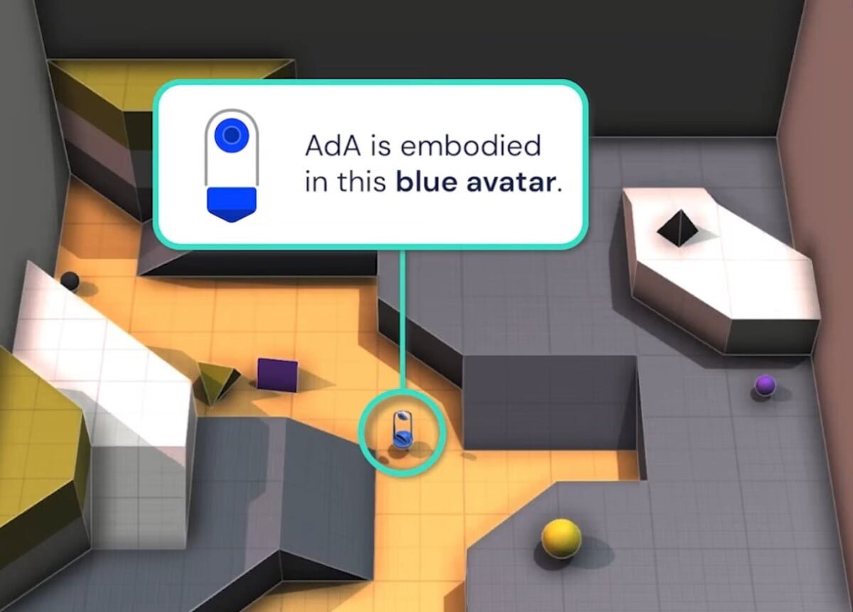 Ein Scerenshot einer computergenerierteN Umgebung, in der Mitte ist ein blauer Punkt, der KI-Agent Ada.