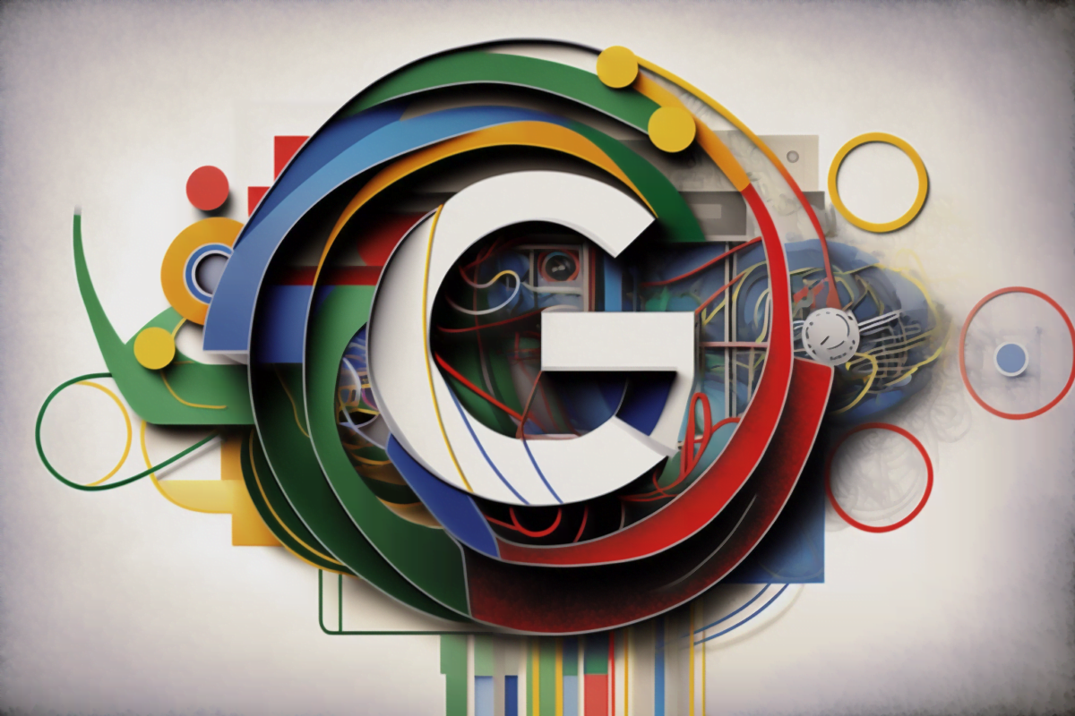Das Google-G in einer abstrakten 2D-Visualisierung umgeben von den Google-Logo-Farben.