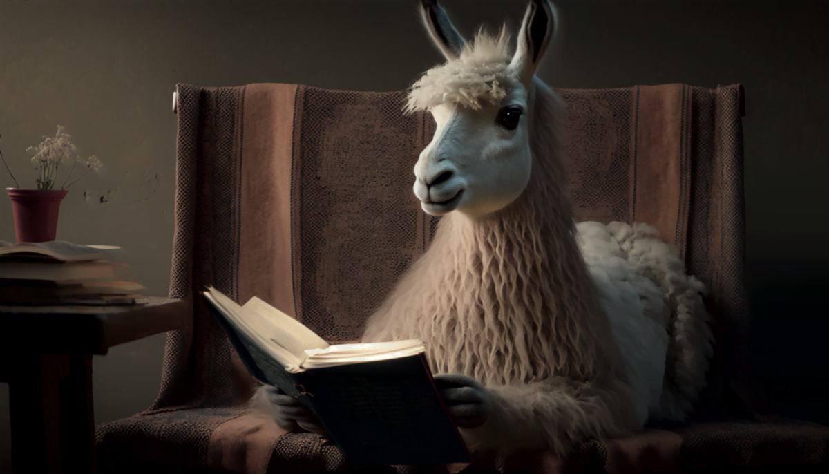 Ein Llama liest ein Buch, Midjourney KI-Bild.